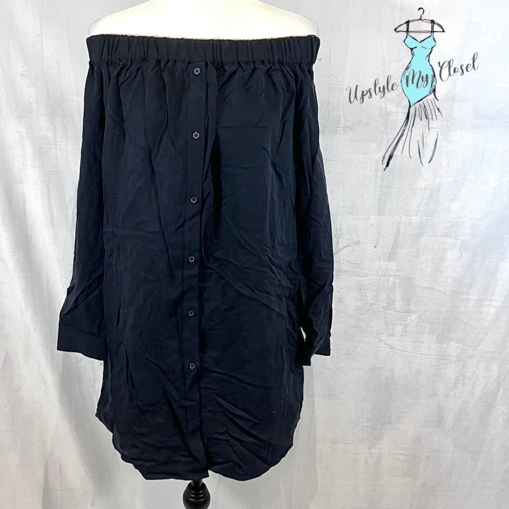 H&M Off-Shoulder Long Sleeve Button-Front Dress Tunic - Navy